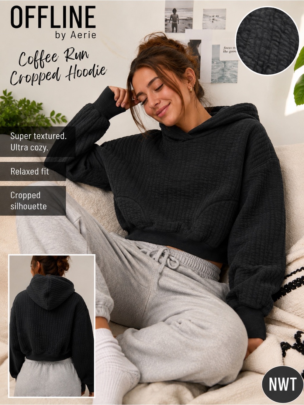 OFFLINE By Aerie Coffee Run Cropped Pullover Hoodie Sweatshirt w/Pockets NWT